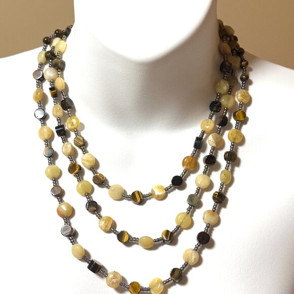Tiger's Eye & Yellow Opal 3 Layer Statement Necklace w/ Natural Gemstones - Picture 2 of 12